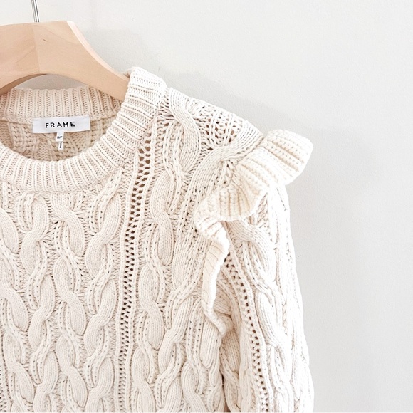 FRAME Sofia Ruffle Cable Knit chunky Sweater off white size Small - Picture 12 of 16